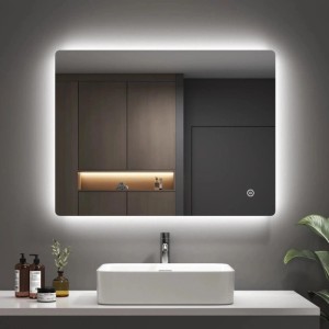 Emke Badspiegel LED 80x60 cm mit abgerundeten Ecken, dimmbarer Beleuchtung und Touchschalter über modernem Waschbecken.