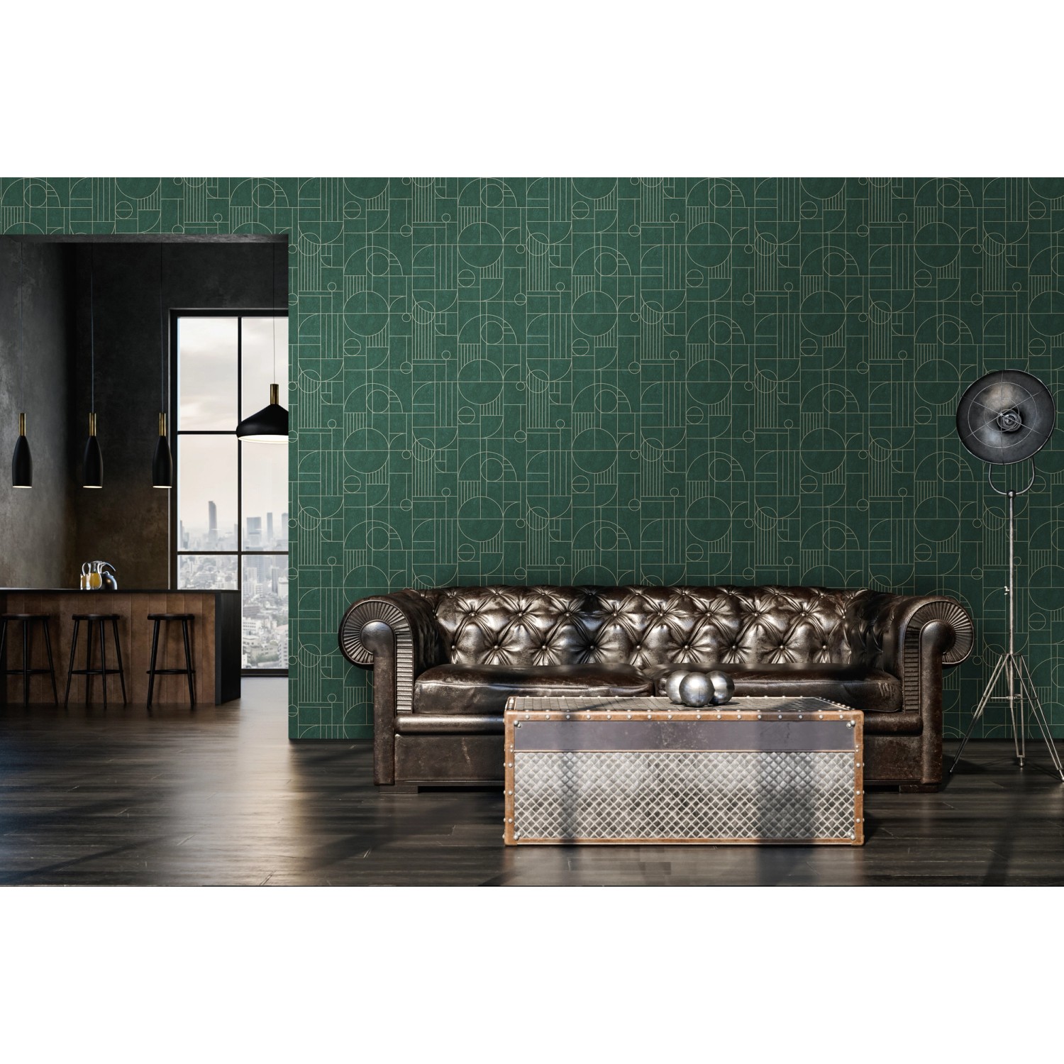 Vliestapete mit geometrischem Muster in Opalgrün und Gold für stilvolle Wände.