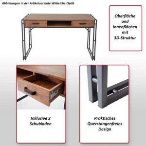 Schreibtisch A27 in Wildeiche-Optik mit 2 Schubladen und Ablagefach, Metallgestell.