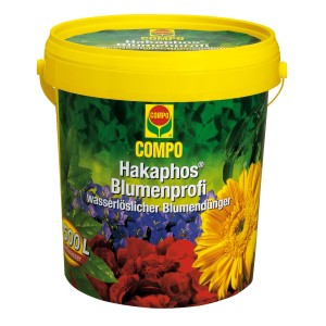 Compo Hakaphos Blumenprofi Volldünger im gelben Eimer, geeignet für Gieß- und Streuanwendung.