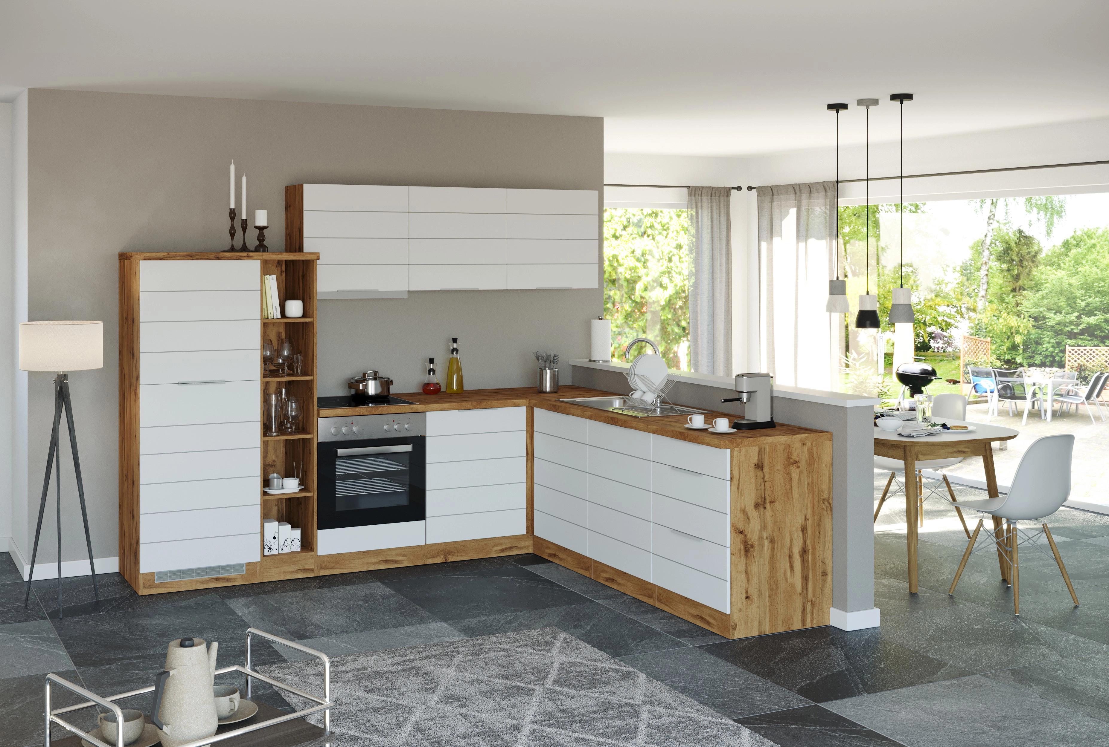 Held Möbel Winkelküche 240 cm - 270 cm Matt Weiß-Wotaneiche ohne E-Geräte  kaufen bei OBI | Unterschränke