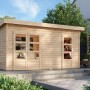 Unbehandeltes Karibu Holz-Gartenhaus Glostrup mit Flachdach, 420x270 cm, im Garten.