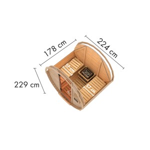 Karibu Fass-Sauna 1, naturbelassen mit roten Schindeln, Innenansicht mit Maßen. Gartensauna aus Holz.