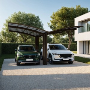 Ximax Carport Portoforte-60 in Mattbraun mit zwei geparkten Autos.