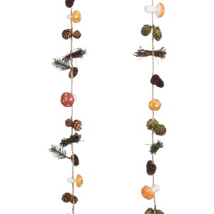 Herbstliche Girlande mit Pilzen, Tannenzapfen und Zweigen in Rot und Gelb, 120cm lang.