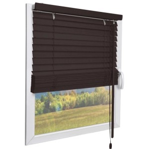 Dunkelbraune Sol Royal Holzjalousie SolDecor JH3, 40x130 cm, am Fenster.