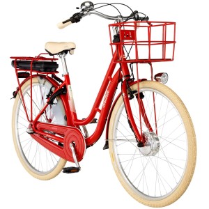 Rotes Fischer City-E-Bike Cita Retro 2.0 mit Korb vorne und tiefem Einstieg.