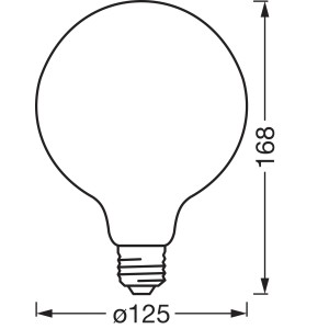 Skizze einer Osram Smart+ E27 Globe LED Lampe, dimmbar, mit Maßangaben.