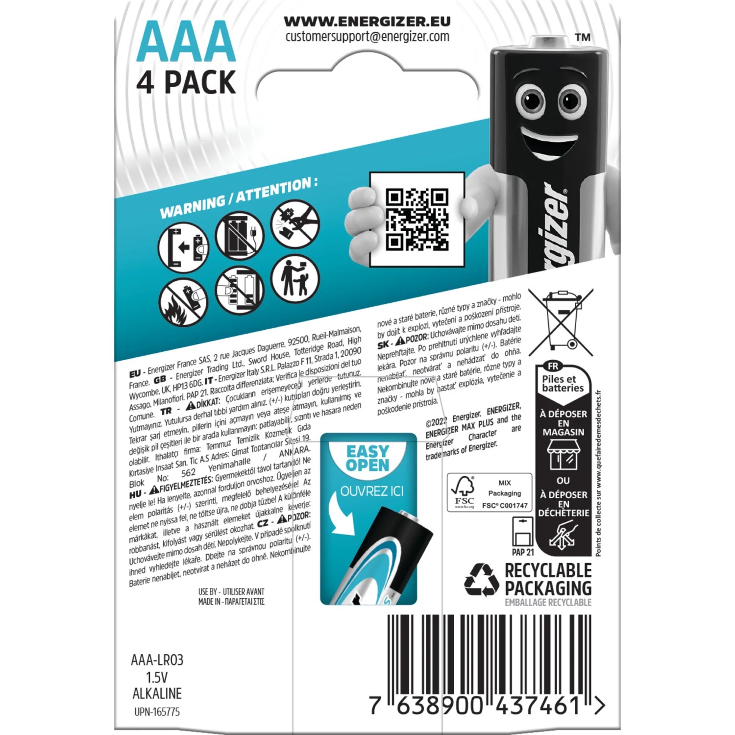 Energizer Max Plus AAA Batterien, 4er-Pack, Alkaline-Batterien für Geräte mit hohem Energiebedarf.
