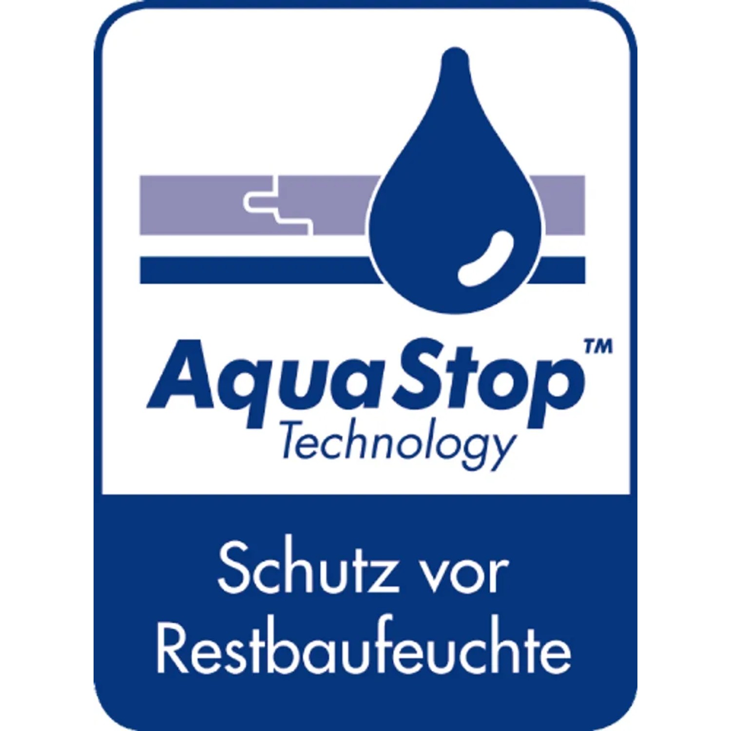 AquaStop Logo der Selitbloc® Trittschalldämmung: Schutz vor Restbaufeuchte.