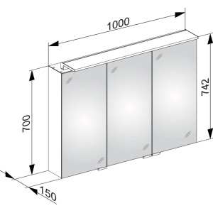 Technische Zeichnung: Keuco Royal L1 Spiegelschrank, silber-eloxiert, mit Maßen. Ideal für Bad & Badezimmer.
