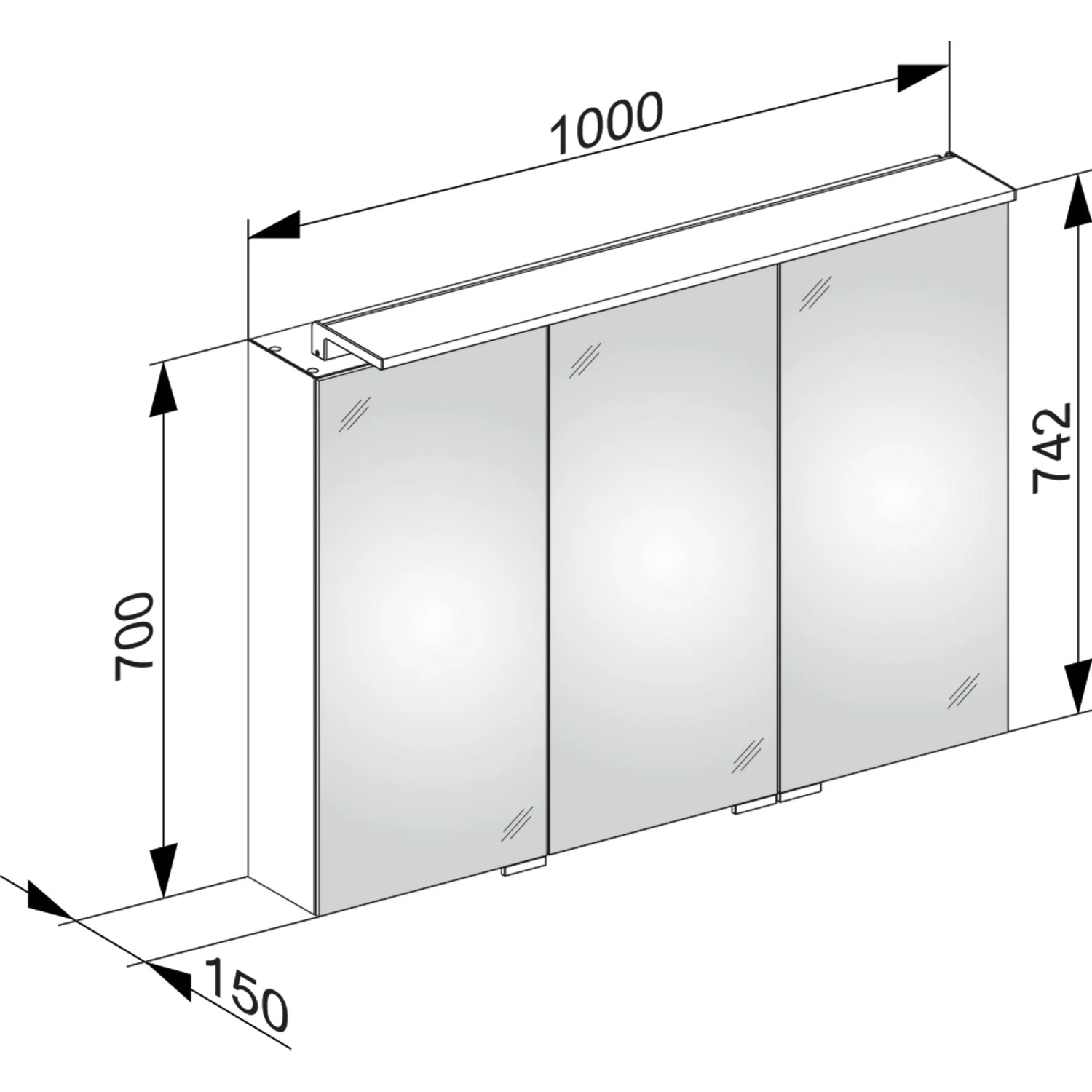 Technische Zeichnung: Keuco Royal L1 Spiegelschrank, silber-eloxiert, mit Maßen. Ideal für Bad & Badezimmer.