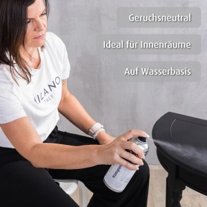 Frau sprüht belton Klarlack Transparent Seidenmatt auf Tisch. Klarlack-Spray für Innen & Außen.
