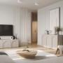 Selsey Sideboard Arkadia, dreitürig, graubeige mit gefrästen Bogenfronten, im modernen Wohnzimmer.