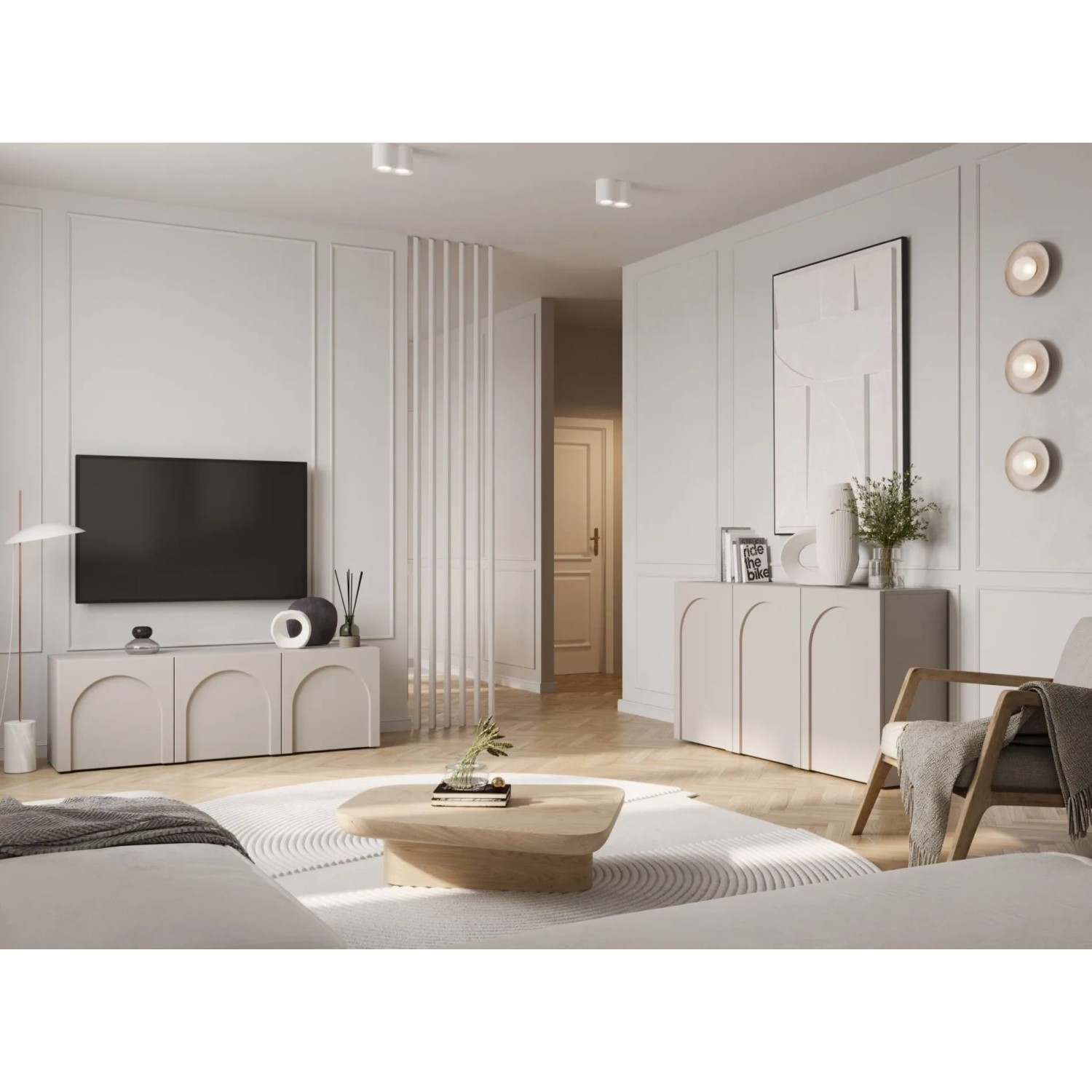 Selsey Sideboard Arkadia, dreitürig, graubeige mit gefrästen Bogenfronten, im modernen Wohnzimmer.