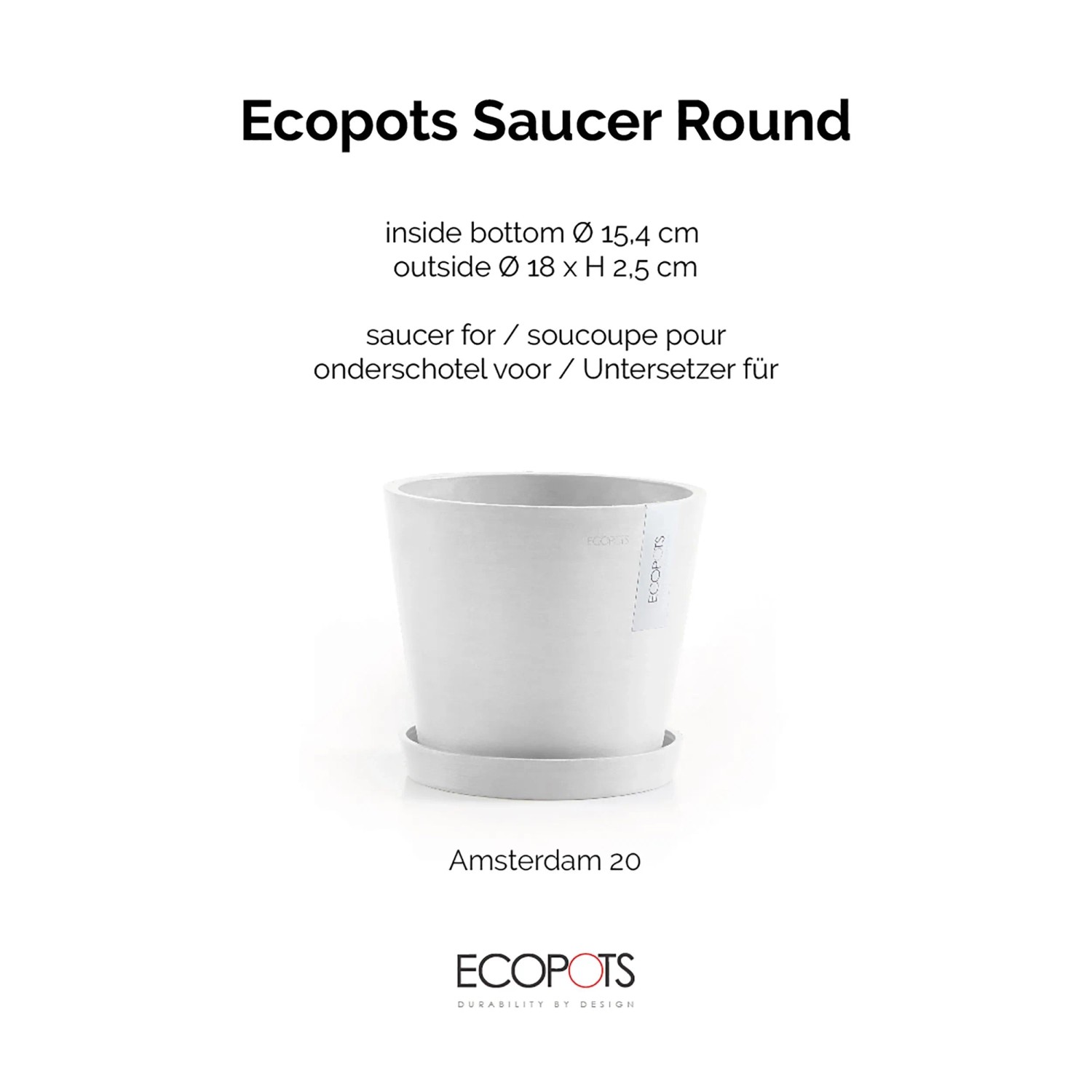 Weißer Ecopots Untersetzer Amsterdam Ø 18 cm für Pflanzgefäße, schützt Oberflächen.