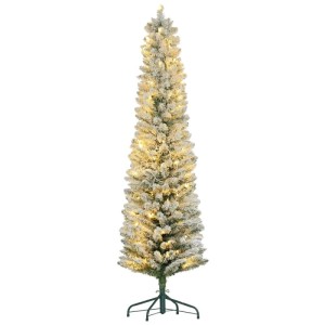 Schlanker, schneebedeckter HOMCOM Weihnachtsbaum 180 cm mit 150 warmweißen LED-Lichtern auf grünem Ständer.