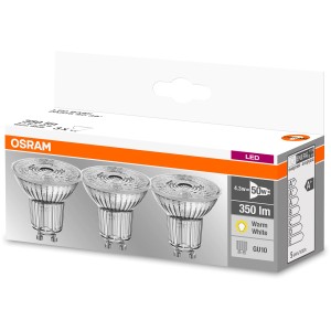Osram LED GU10 Leuchtmittel, 4,3W, warmweiß, 3er-Set. Energiesparende LED-Spots für Wohnräume.