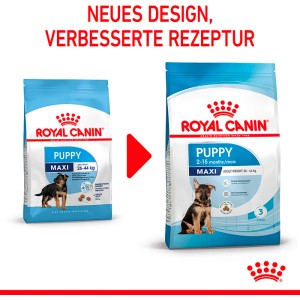 Royal Canin Maxi Puppy Trockenfutter, neues Design, verbesserte Rezeptur für Welpen großer Rassen.