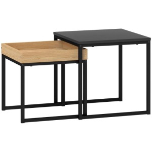 HOMCOM 2er-Set Couchtische: eckiger schwarzer Beistelltisch und kleinerer Tisch mit Holzoptik, schwarzes Metallgestell.