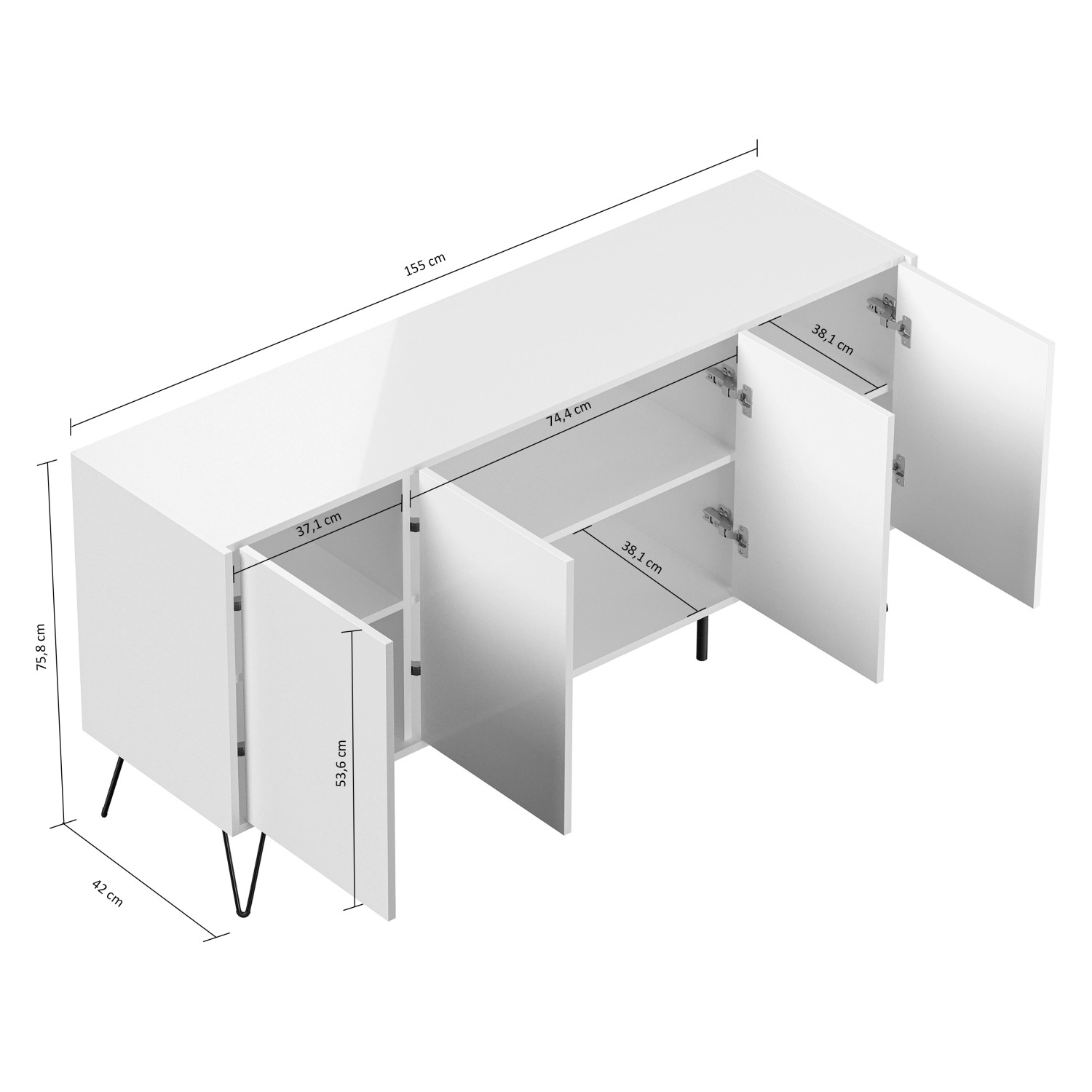 Posseik Sideboard Industrial H, weiß hochglanz, 4 Türen, 155 cm breit. Modernes Möbelstück mit Industriefüßen.