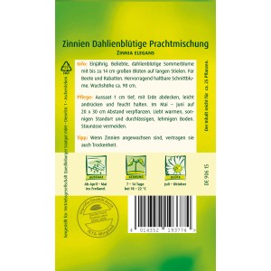 Samentüte Quedlinburger Zinnie Dahlienblütige Prachtmischung für farbenprächtige Blumenbeete.