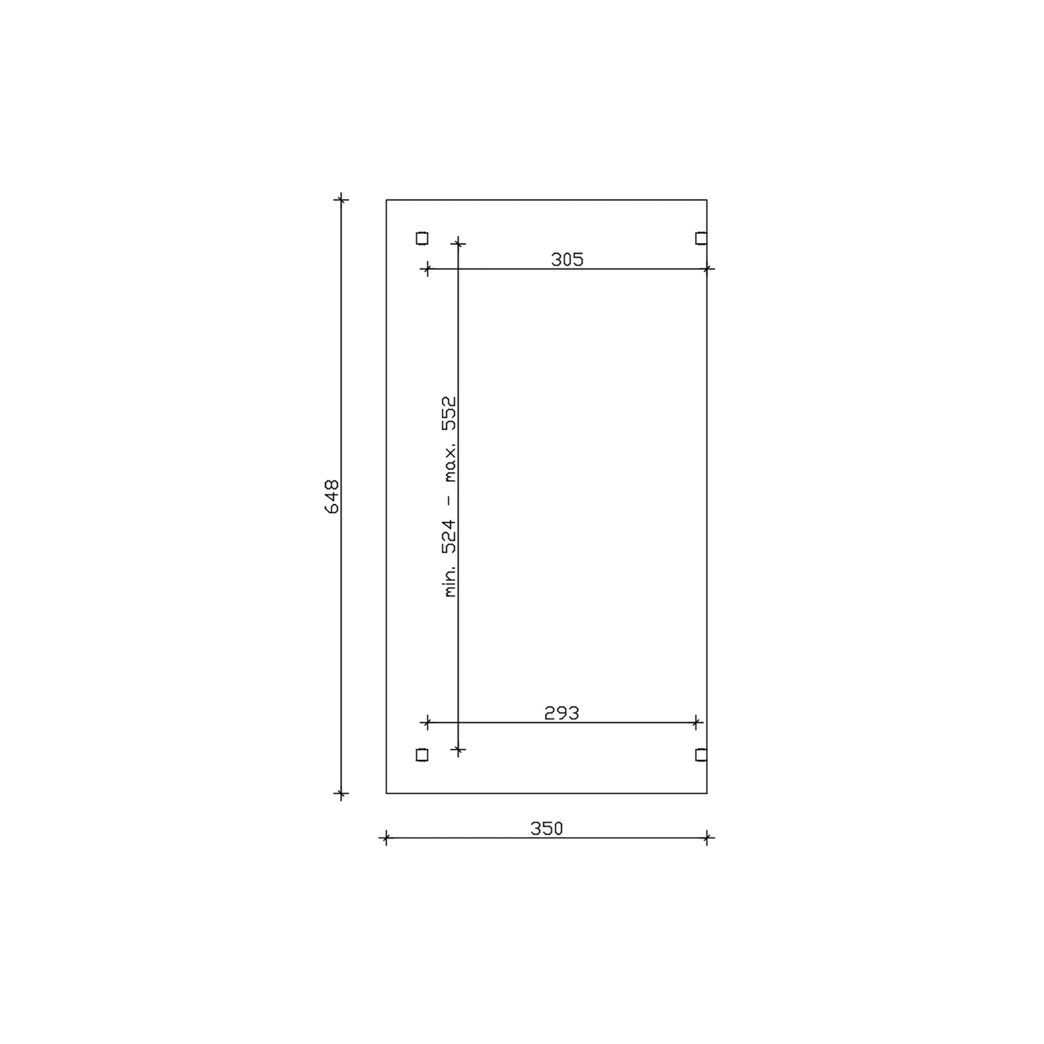 Technische Zeichnung der Skan Holz Terrassenüberdachung Sanremo 648x350 cm, Maße und Pfostenpositionen.