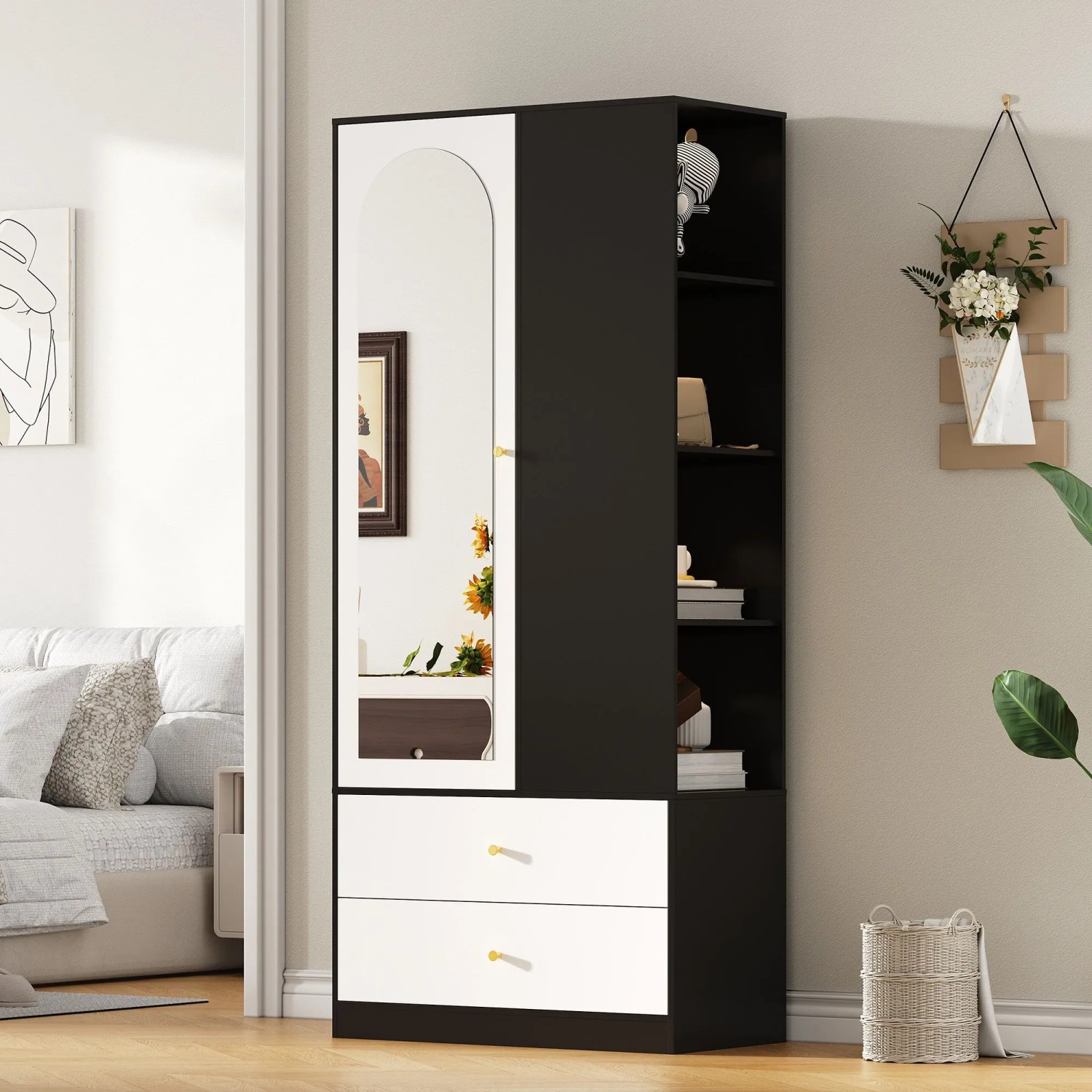 okwish Kleiderschrank mit Spiegel 1 Tür 2 Schubladen Schlafzimmer 80x180x40cm Weiß Schwarz kaufen bei OBI
