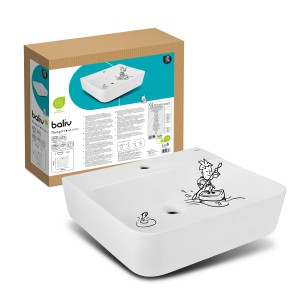 Weißes baliv Rockport Wand- & Aufsatzwaschbecken, 50 cm, mit Hahnloch und Comic-Motiv.