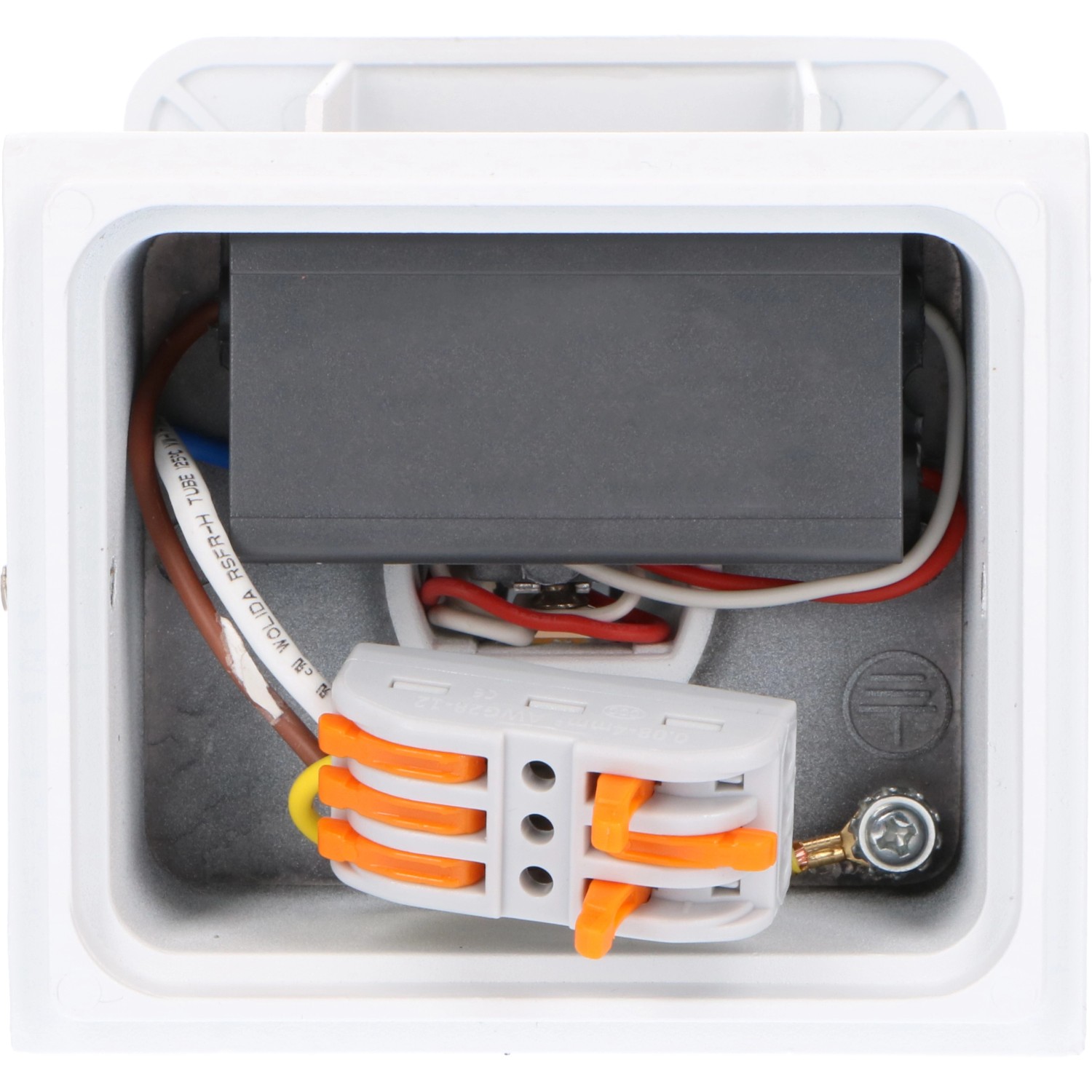 Innenansicht der weißen LED`s light Außen-Wandleuchte mit Verkabelung und Klemmen.