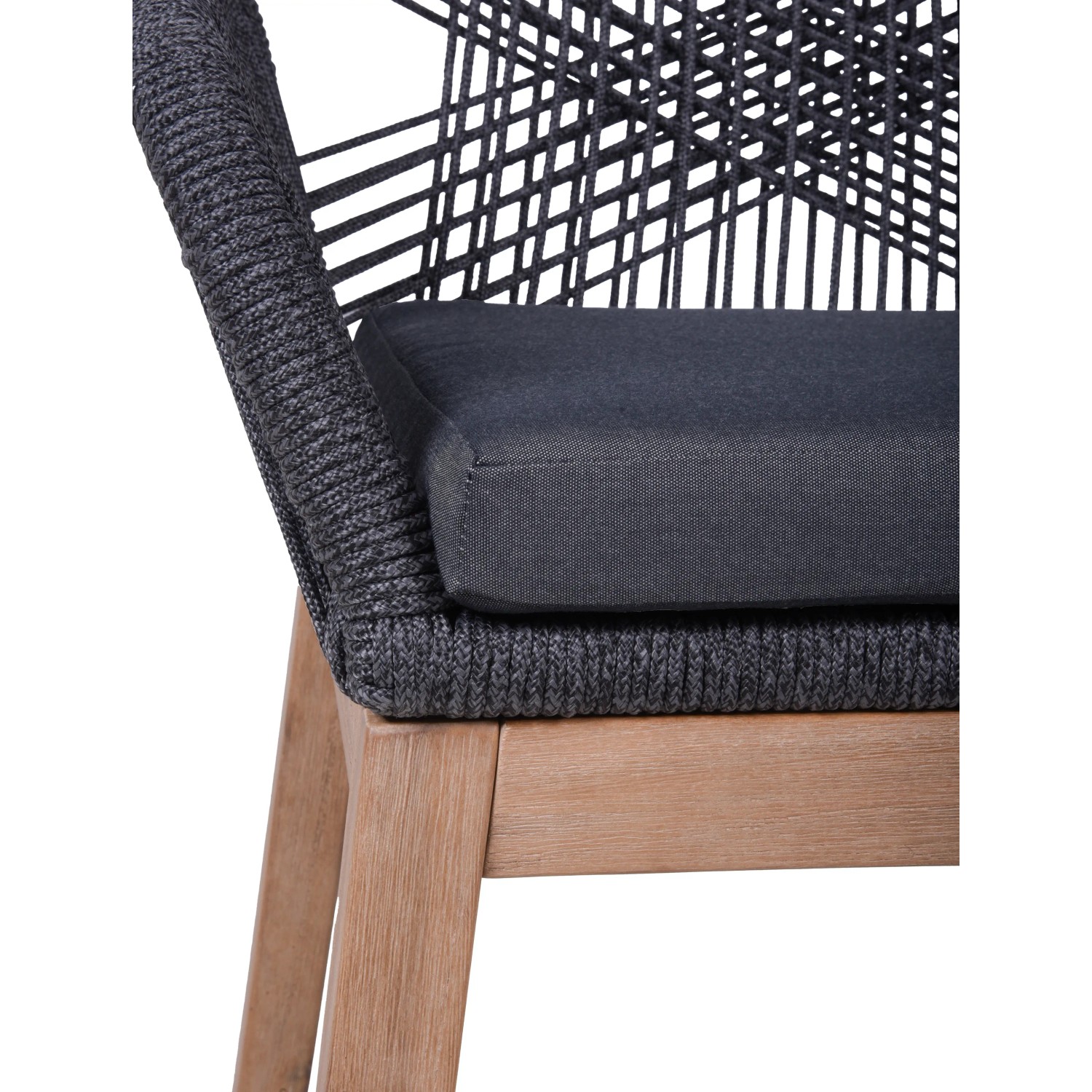 Detailansicht: Anthrazit-brauner Garden Pleasure Stuhl Pomona aus Akazienholz mit Seilbespannung und Polster.