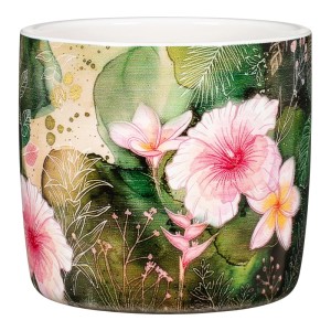 Dekorativer Übertopf Tropical Bloom mit üppigem Blumenmuster in Grün, Pink und Gold. Ideal für Pflanzenliebhaber.