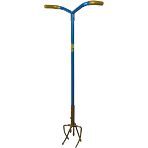 Sonneck Gartenkralle zur Bodenbearbeitung, blau mit braunen Griffen.