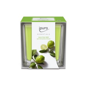 ipuro ESSENTIALS Lime Light Duftkerze 125g im Glas mit Limetten-Dekor.