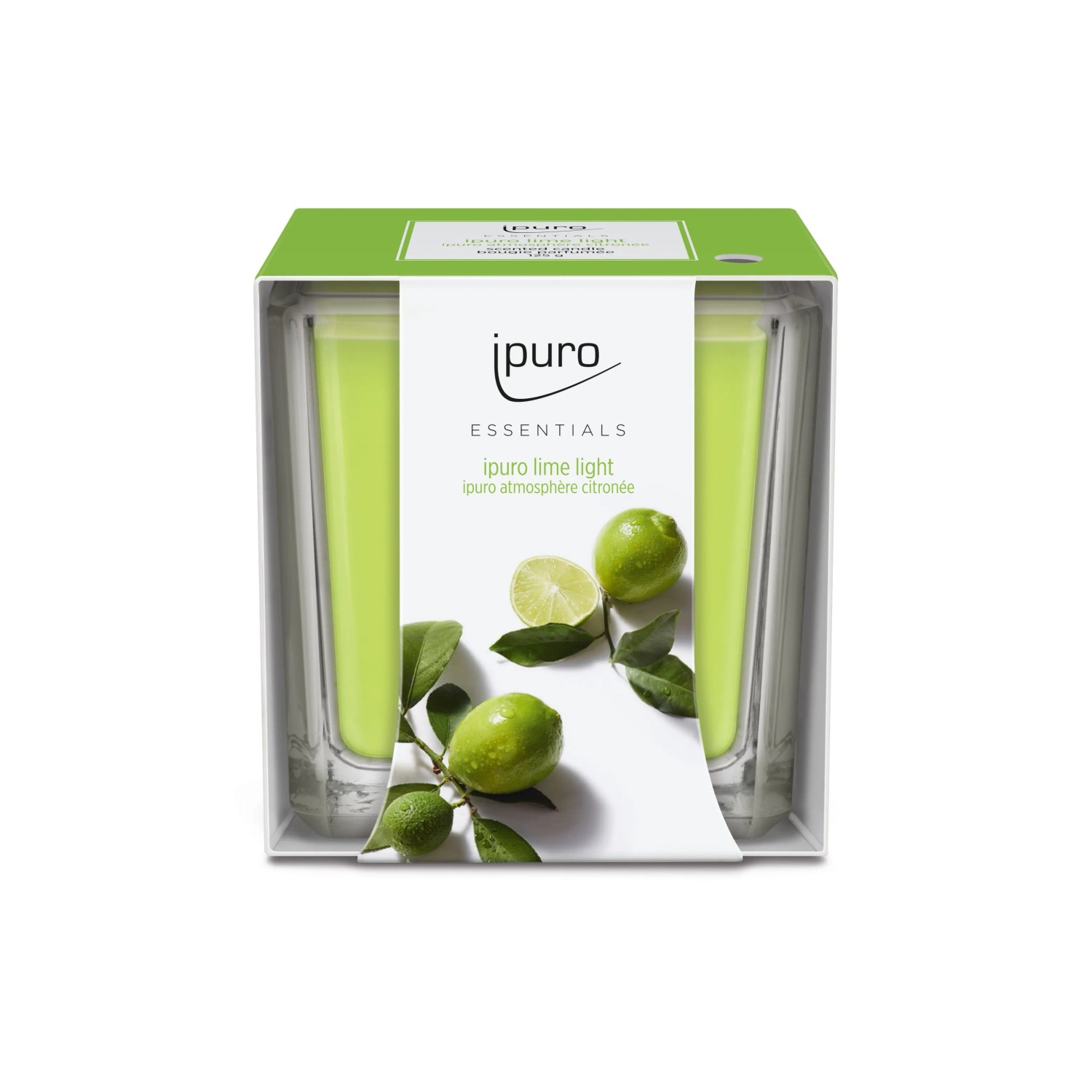 ipuro ESSENTIALS Lime Light Duftkerze 125g im Glas mit Limetten-Dekor.