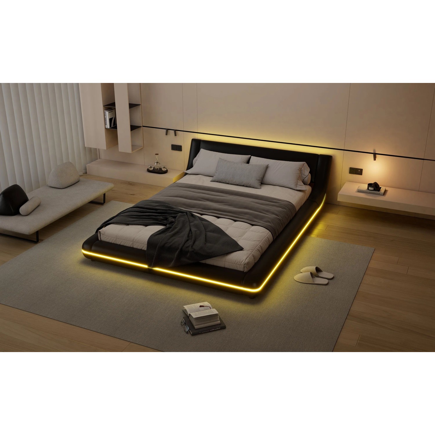 okwish Bodenbett 140x200cm mit LED Beleuchtung Schlafzimmer Schwarz ohne Matratze_9