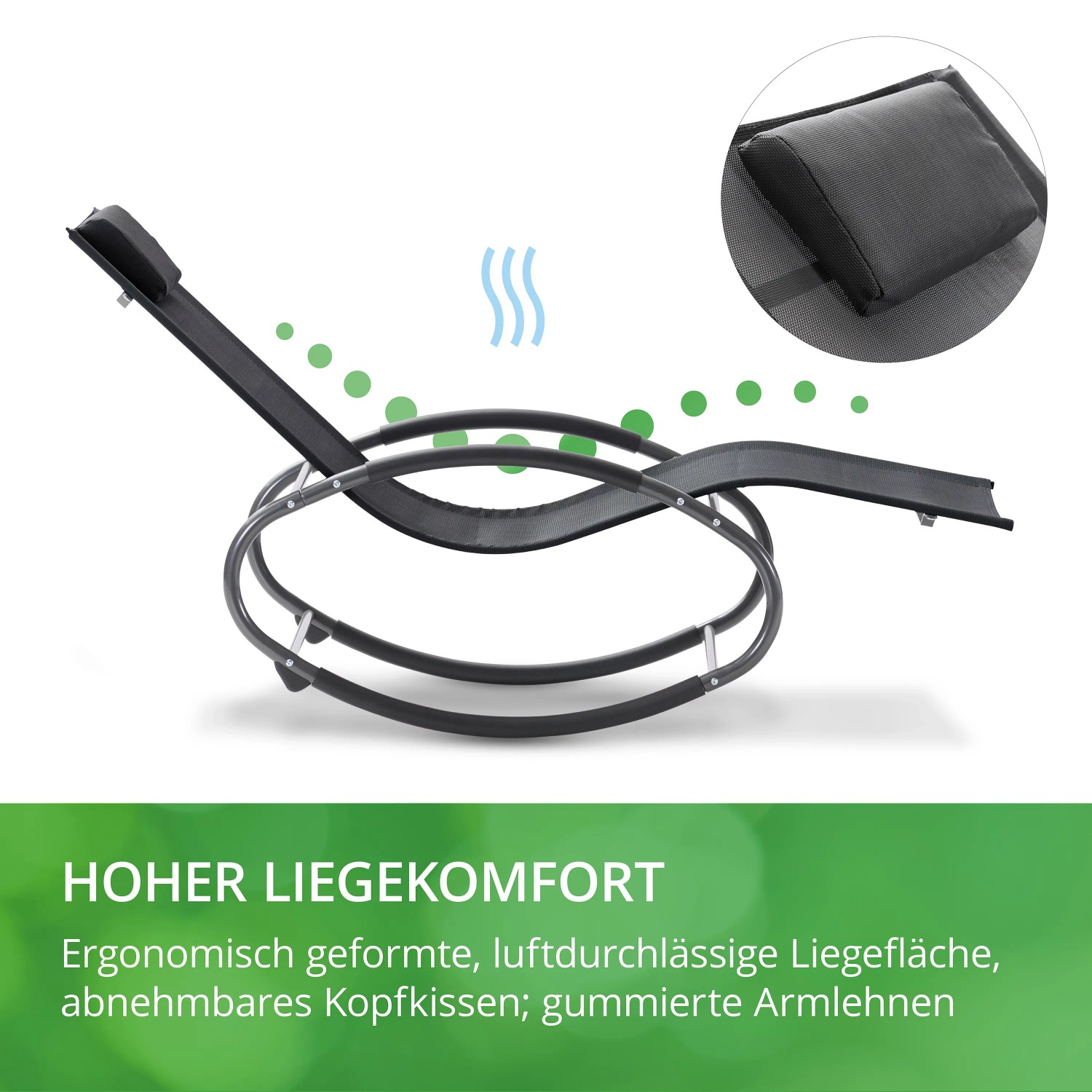 Schwarze Leco Schaukelliege Mila mit Kopfkissen, ergonomisch geformte Sonnenliege für Garten und Terrasse.