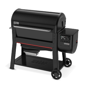 Schwarzer Weber Searwood XL Holzpelletgrill mit digitaler Steuerung und Ablagefläche.