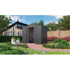 Globel Metall-Gerätehaus Gartenmanager Dream 65 in Anthrazit mit geöffneter Tür und Fahrrad im Inneren.