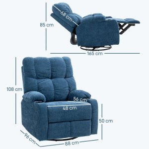 Blauer HOMCOM Relaxsessel mit Liegefunktion, gepolstert. Loungesessel in aufrechter und liegender Position mit Maßen.