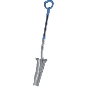 LUX 5-in-1 Spaten (115 cm) mit Sägezähnen und blauem Griff.
