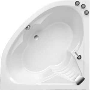 Aufnahme einer Eckbadewanne mit montierter Wasserschwallarmatur L10000 zur Wannenrandmontage.