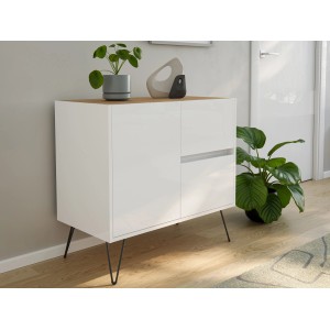 Posseik Sideboard Industrial C, weiß/Eiche, mit 2 Schubladen, 1 Tür und schwarzen Metallfüßen.