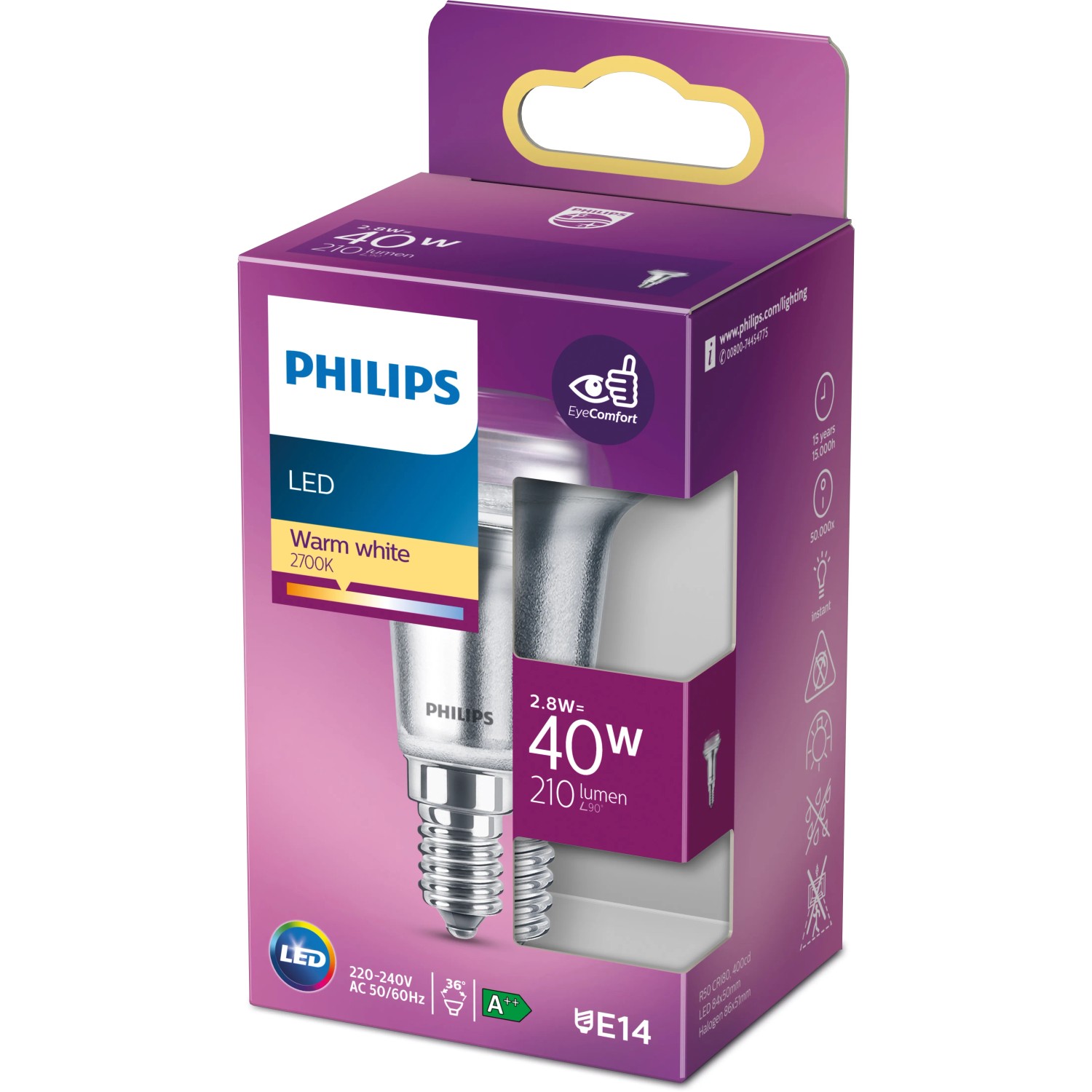 Philips LED-Lampe E14 Reflektor R50, 2,8W, warmweiß, in Produktverpackung.