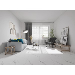 Heller Wohnraum mit Click-Vinylboden Fliese XL Town Fargo Marble in Marmoroptik.