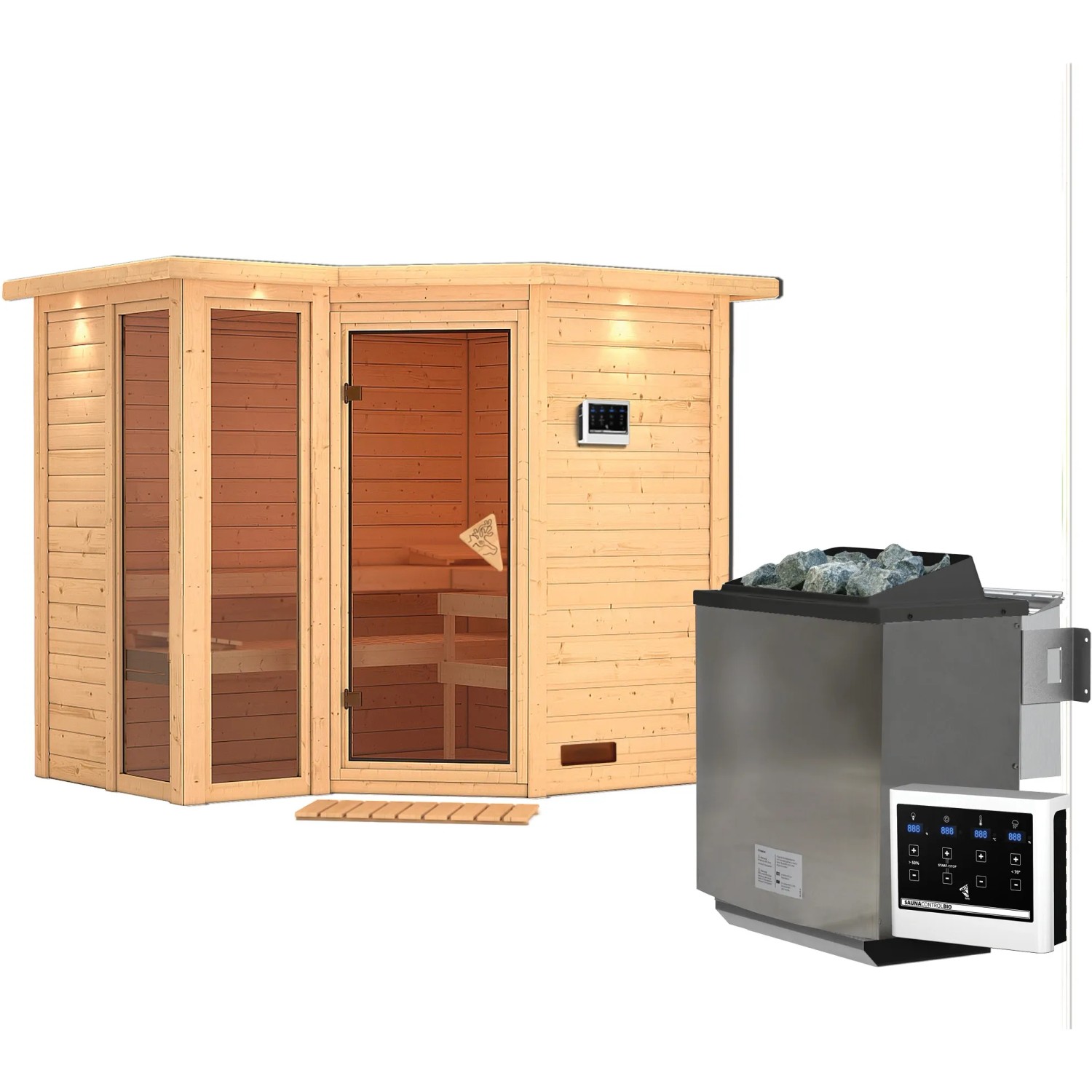 Karibu Sauna Amalia mit Bio-Ofen und LED-Dachkranz aus naturbelassenem Fichtenholz.