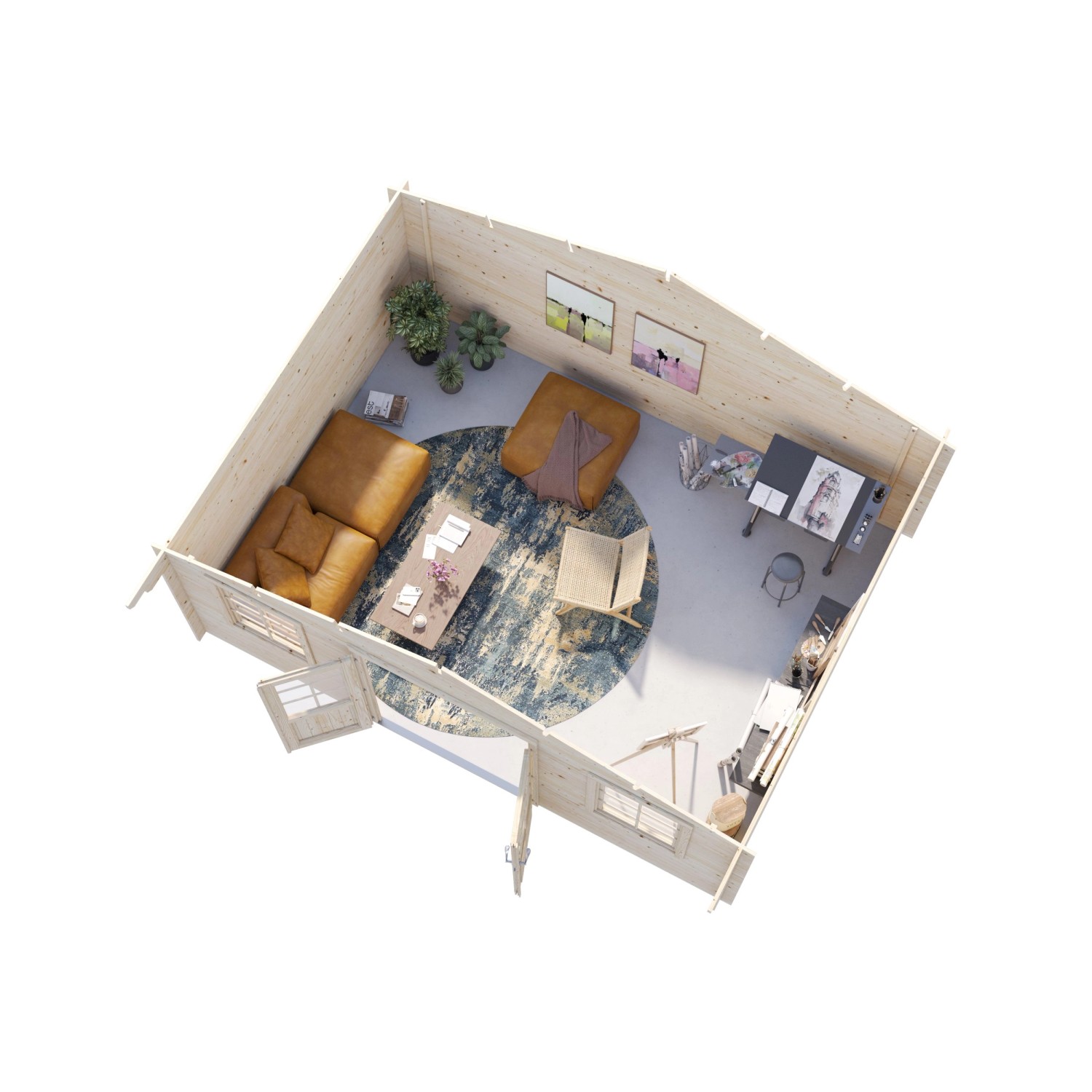 Innenansicht Palmako Gartenhaus Klara, 484x360cm, hellgrau/anthrazit, eingerichtet mit Möbeln.