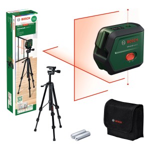 Bosch UniversalLevel 2 Kreuzlinienlaser mit Stativ, Tasche und Batterien.