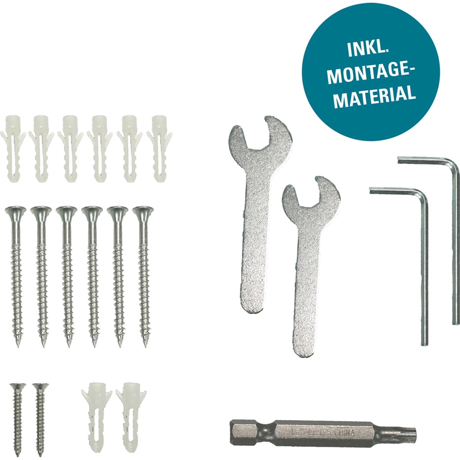 Montagematerial für Glasschiebetür Nova 501: Schrauben, Dübel, Schraubenschlüssel, Inbusschlüssel, Bit.