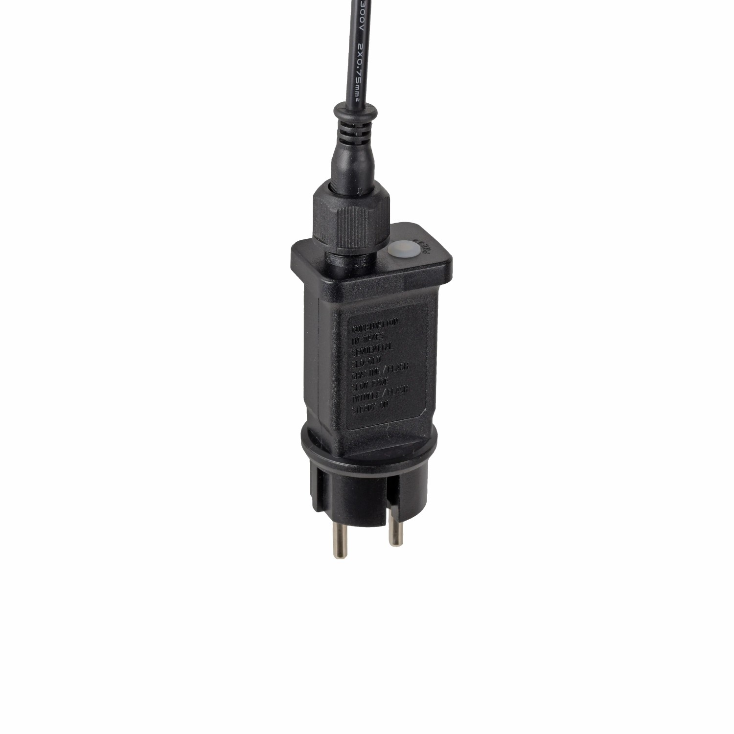 Netzteil der schwarzen LED-Erdspießleuchte Zirkulu mit Stecker und Kabel.